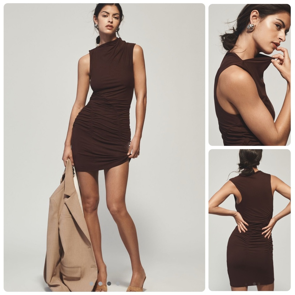 Anthropologie Brown Ruched Sleeveless Mini Dress